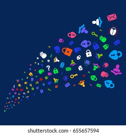 Source of secrecy symbols. Vector illustration style is flat bright multicolored secrecy symbols iconic symbols on a blue background. Object fountain combined from random pictograms.