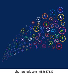 Source of sharp rounded arrow icons. Vector illustration style is flat bright multicolored sharp rounded arrow iconic symbols on a blue background. Object fountain done from random pictographs.