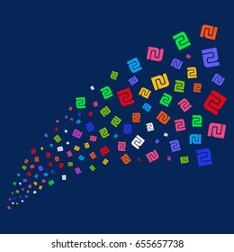 Source of shekel symbols. Vector illustration style is flat bright multicolored shekel iconic symbols on a blue background. Object salute made from confetti symbols.
