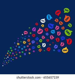 Source of sms icons. Vector illustration style is flat bright multicolored sms iconic symbols on a blue background. Object fountain constructed from confetti design elements.