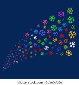 Source of snowflake icons. Vector illustration style is flat bright multicolored snowflake iconic symbols on a blue background. Object source done from scattered icons.