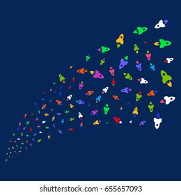 Source of space rocket icons. Vector illustration style is flat bright multicolored space rocket iconic symbols on a blue background. Object salute constructed from confetti pictographs.