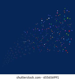 Source of space stars symbols. Vector illustration style is flat bright multicolored space stars iconic symbols on a blue background. Object source combined from confetti pictograms.