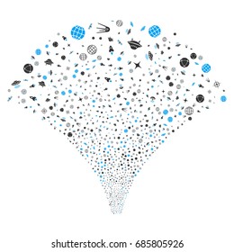 Source of space technology symbols icons. Vector illustration style is flat blue and gray iconic symbols on a white background. Object stream created from scattered design elements.