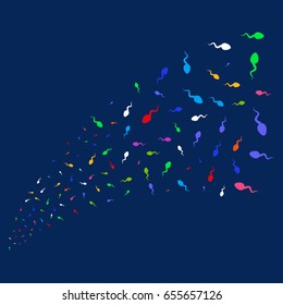 Source of spermatozoon icons. Vector illustration style is flat bright multicolored spermatozoon iconic symbols on a blue background. Object fountain combined from random pictographs.