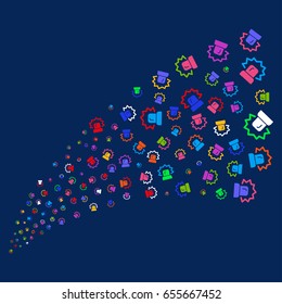 Source stream of alarm symbols. Vector illustration style is flat bright multicolored alarm iconic symbols on a blue background. Object fountain created from scattered design elements.