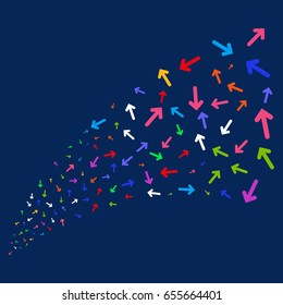 Source stream of arrow direction symbols. Vector illustration style is flat bright multicolored arrow direction iconic symbols on a blue background. Object stream done from scattered design elements.