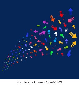 Source stream of arrow pointer icons. Vector illustration style is flat bright multicolored arrow pointer iconic symbols on a blue background. Object stream organized from confetti design elements.
