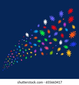 Source stream of bacteria symbols. Vector illustration style is flat bright multicolored bacteria iconic symbols on a blue background. Object fountain constructed from confetti icons.