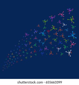 Source stream of big bang symbols. Vector illustration style is flat bright multicolored big bang iconic symbols on a blue background. Object stream combined from random icons.