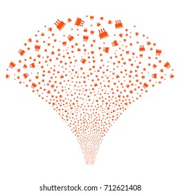 Source stream of birthday cake symbols. Vector illustration style is flat intensive red and orange iconic symbols on a white background. Object stream made from confetti design elements.