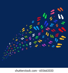 Source stream of boot footprints symbols. Vector illustration style is flat bright multicolored boot footprints iconic symbols on a blue background.