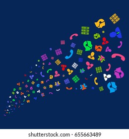 Source stream of call center symbols. Vector illustration style is flat bright multicolored call center symbols iconic symbols on a blue background. Object source created from scattered pictographs.