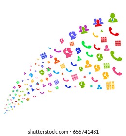 Source stream of call center symbols. Vector illustration style is flat bright multicolored iconic call center symbols on a white background. Object fountain made from design elements.