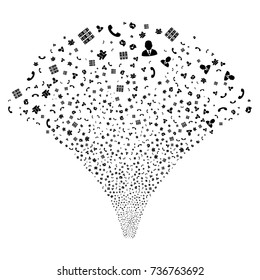 Source stream of call center symbols. Vector illustration style is flat black iconic symbols on a white background. Object fountain combined from scattered pictograms.