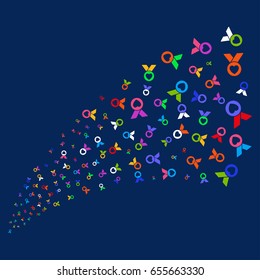 Source stream of care award symbols. Vector illustration style is flat bright multicolored care award iconic symbols on a blue background. Object stream constructed from scattered symbols.