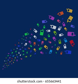 Source stream of cell phone symbols. Vector illustration style is flat bright multicolored cell phone iconic symbols on a blue background. Object stream combined from confetti pictograms.