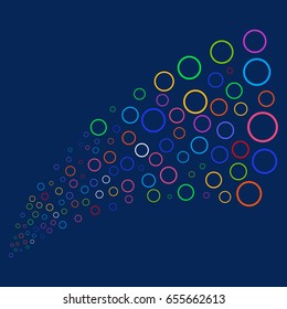 Source stream of circle bubble symbols. Vector illustration style is flat bright multicolored circle bubble iconic symbols on a blue background.