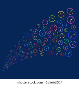 Source stream of clock symbols. Vector illustration style is flat bright multicolored clock iconic symbols on a blue background. Object fountain made from confetti icons.