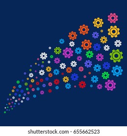Source stream of cog symbols. Vector illustration style is flat bright multicolored cog iconic symbols on a blue background. Object stream done from confetti pictograms.