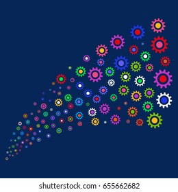 Source stream of cogwheel symbols. Vector illustration style is flat bright multicolored cogwheel iconic symbols on a blue background. Object stream done from random icons.