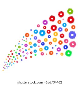 Source stream of cogwheel symbols. Vector illustration style is flat bright multicolored iconic cogwheel symbols on a white background. Object fountain organized from pictographs.