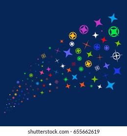 Source stream of confetti stars icons. Vector illustration style is flat bright multicolored confetti stars iconic symbols on a blue background. Object stream constructed from random design elements.