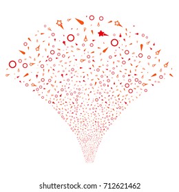 Source stream of confetti stars icons. Vector illustration style is flat intensive red and orange iconic symbols on a white background. Object salute created from confetti pictograms.