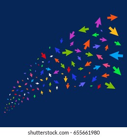 Source stream of cursor arrow symbols. Vector illustration style is flat bright multicolored cursor arrow iconic symbols on a blue background. Object stream combined from confetti symbols.