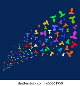 Source stream of customer symbols. Vector illustration style is flat bright multicolored customer iconic symbols on a blue background. Object source created from scattered symbols.