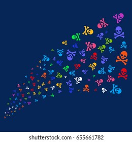 Source stream of death skull symbols. Vector illustration style is flat bright multicolored death skull iconic symbols on a blue background. Object source created from scattered symbols.