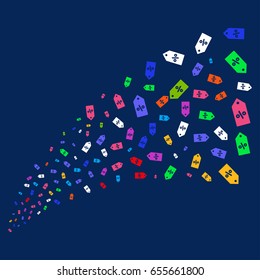 Source stream of discount tag icons. Vector illustration style is flat bright multicolored discount tag iconic symbols on a blue background. Object stream organized from random pictograms.