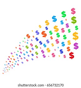 Source stream of dollar icons. Vector illustration style is flat bright multicolored iconic dollar symbols on a white background. Object fountain organized from icons.
