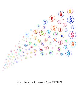 Source stream of dollar stars icons. Vector illustration style is flat bright multicolored iconic dollar stars symbols on a white background. Object fountain created from pictograms.