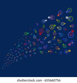 Source stream of electric bulb symbols. Vector illustration style is flat bright multicolored electric bulb iconic symbols on a blue background. Object fountain done from confetti icons.