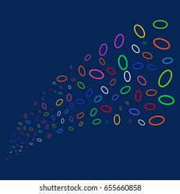 Source stream of ellipse bubble icons. Vector illustration style is flat bright multicolored ellipse bubble iconic symbols on a blue background. Object fountain made from scattered symbols.
