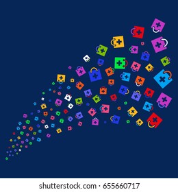 Source stream of first aid kit icons. Vector illustration style is flat bright multicolored first aid kit iconic symbols on a blue background. Object stream organized from random pictographs.