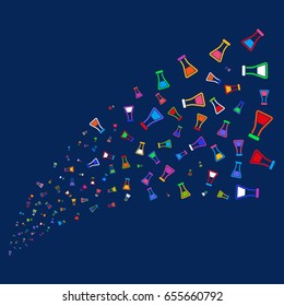 Source stream of flask symbols. Vector illustration style is flat bright multicolored flask iconic symbols on a blue background. Object source made from confetti pictograms.