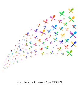 Source stream of fork and spoon symbols. Vector illustration style is flat bright multicolored iconic fork and spoon symbols on a white background. Object fountain created from pictographs.