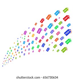Source stream of free tag symbols. Vector illustration style is flat bright multicolored iconic free tag symbols on a white background. Object fountain organized from symbols.
