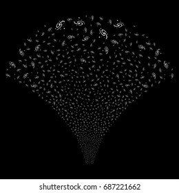 Source stream of galaxy icons. Vector illustration style is flat white iconic symbols on a black background. Object salute done from confetti symbols.