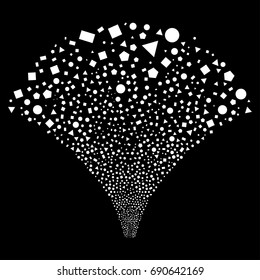 Source stream of geometric figures icons. Vector illustration style is flat white iconic symbols on a black background. Object fountain done from random pictographs.