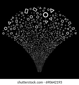 Source stream of geometric shapes icons. Vector illustration style is flat white iconic symbols on a black background. Object fountain organized from random pictograms.