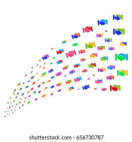Source stream of handshake symbols. Vector illustration style is flat bright multicolored iconic handshake symbols on a white background. Object fountain constructed from symbols.