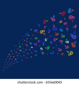 Source stream of hearing icons. Vector illustration style is flat bright multicolored hearing iconic symbols on a blue background. Object salute combined from confetti design elements.