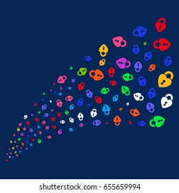 Source stream of heart lock icons. Vector illustration style is flat bright multicolored heart lock iconic symbols on a blue background. Object fountain organized from scattered pictographs.