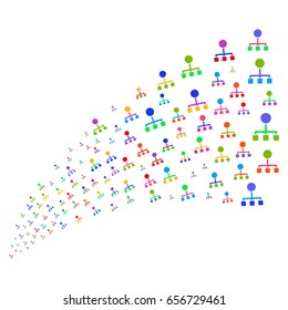 Source stream of hierarchy icons. Vector illustration style is flat bright multicolored iconic hierarchy symbols on a white background. Object fountain constructed from icons.