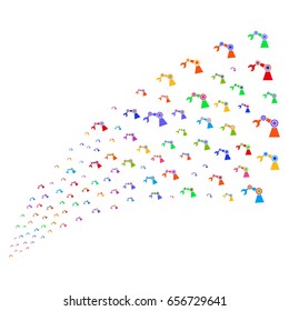 Source stream of industrial robot icons. Vector illustration style is flat bright multicolored iconic industrial robot symbols on a white background. Object fountain created from symbols.
