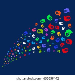 Source stream of intellect bulb symbols. Vector illustration style is flat bright multicolored intellect bulb iconic symbols on a blue background. Object stream created from confetti pictographs.