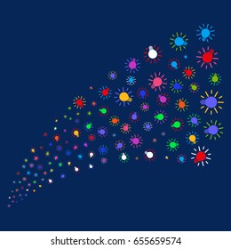 Source stream of light bulb symbols. Vector illustration style is flat bright multicolored light bulb iconic symbols on a blue background. Object source combined from scattered symbols.